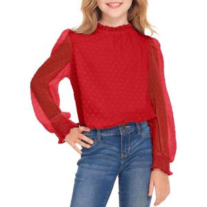 Arshiner Girls Long Sleeve Shirts Chiffon Blouses Swiss Dot Frill Neck Casual Loose Cute Top Tee(Red)