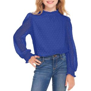 Arshiner Girls Long Sleeve Shirts Chiffon Blouses Swiss Dot Frill Neck Casual Loose Cute Top Tee(Royal Blue 2)