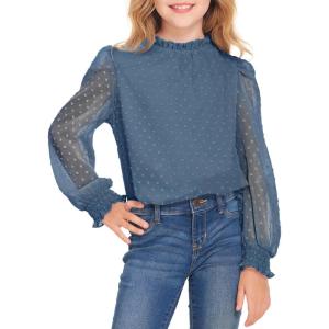 Arshiner Girls Long Sleeve Shirts Chiffon Blouses Swiss Dot Frill Neck Casual Loose Cute Top Tee(Royal Blue)