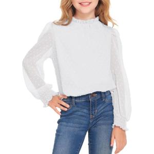 Arshiner Girls Long Sleeve Shirts Chiffon Blouses Swiss Dot Frill Neck Casual Loose Cute Top Tee(White)
