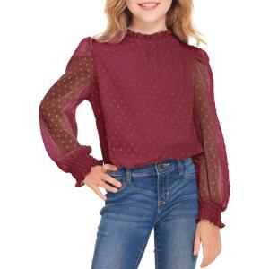 Arshiner Girls Long Sleeve Shirts Chiffon Blouses Swiss Dot Frill Neck Casual Loose Cute Top Tee(Wine Red)