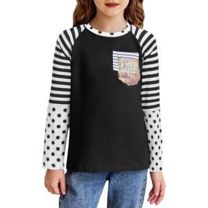 Arshiner Girls Long Sleeve Shirts Color Block Casual Cute Top Tee Blouse with Fashion Pocket(Black/Stripes/Dot)