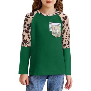 Arshiner Girls Long Sleeve Shirts Color Block Casual Cute Top Tee Blouse with Fashion Pocket(Forest Green/Leopard)