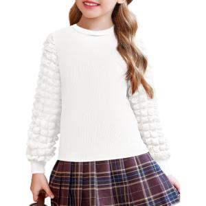 Arshiner Girls Puff Long Sleeve Shirts Ribbed Knit Cute Casual Crewneck Tops Blouse Tee(White)