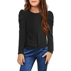 Arshiner Girls Puff Long Sleeve Shirts Twist Front Ribbed Knit T Shirt Crop Tops Tee Blouse(Black)