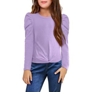 Arshiner Girls Puff Long Sleeve Shirts Twist Front Ribbed Knit T Shirt Crop Tops Tee Blouse(Lilac)