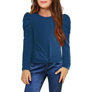 Arshiner Girls Puff Long Sleeve Shirts Twist Front Ribbed Knit T Shirt Crop Tops Tee Blouse(Navy Blue)
