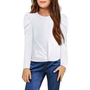 Arshiner Girls Puff Long Sleeve Shirts Twist Front Ribbed Knit T Shirt Crop Tops Tee Blouse(White)