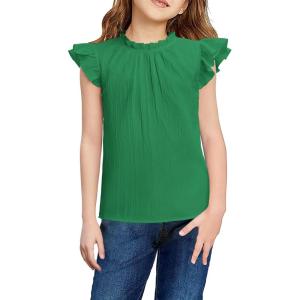 Arshiner Girls Ruffle Short Sleeve Shirts Cute Summer Frill Neck Pleated Textured Blouse Tops(Green)