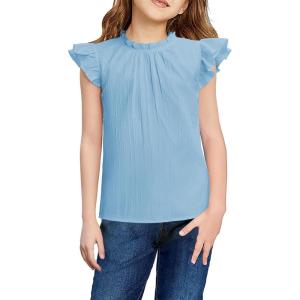 Arshiner Girls Ruffle Short Sleeve Shirts Cute Summer Frill Neck Pleated Textured Blouse Tops(Light Blue)