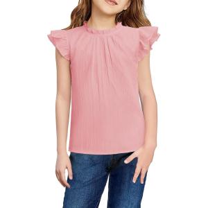 Arshiner Girls Ruffle Short Sleeve Shirts Cute Summer Frill Neck Pleated Textured Blouse Tops(Light Pink)