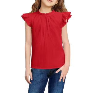 Arshiner Girls Ruffle Short Sleeve Shirts Cute Summer Frill Neck Pleated Textured Blouse Tops(Red)