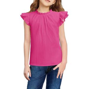 Arshiner Girls Ruffle Short Sleeve Shirts Cute Summer Frill Neck Pleated Textured Blouse Tops(Rose Red)