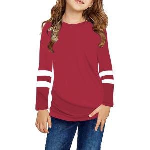 Arshiner Girls Shirts Cotton Casual Basic Long Sleeve Crewneck Color Block Tunic Tee Tops Blouse(Red)