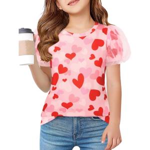 Arshiner Girls Shirts Mesh Puff Short Sleeves Blouse Crewneck Cute Print Summer Kids Tee Tops(Cute Heart)