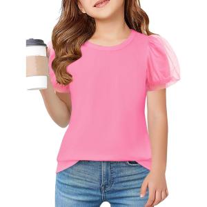 Arshiner Girls Shirts Mesh Puff Short Sleeves Blouse Crewneck Cute Print Summer Kids Tee Tops(Hot Pink)