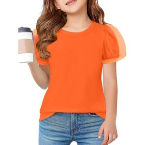 Arshiner Girls Shirts Mesh Puff Short Sleeves Blouse Crewneck Cute Print Summer Kids Tee Tops(Orange)