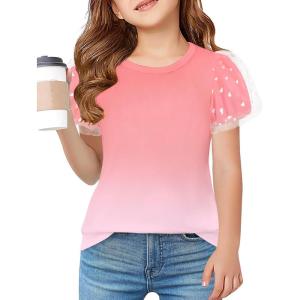 Arshiner Girls Shirts Mesh Puff Short Sleeves Blouse Crewneck Cute Print Summer Kids Tee Tops(Pink Gradient)