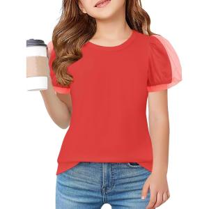 Arshiner Girls Shirts Mesh Puff Short Sleeves Blouse Crewneck Cute Print Summer Kids Tee Tops(Red)