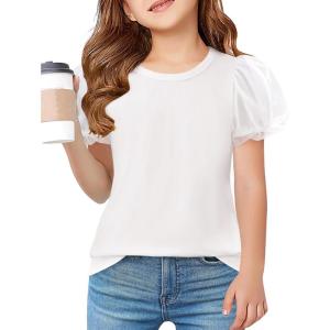 Arshiner Girls Shirts Mesh Puff Short Sleeves Blouse Crewneck Cute Print Summer Kids Tee Tops(White)