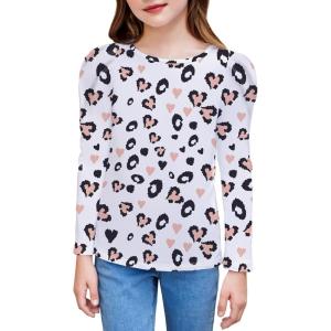 Arshiner Girls Shirts Puff Long Sleeve Shirts Casual Crewneck Tops Tunic Blouse(Leopard White)
