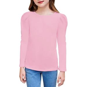 Arshiner Girls Shirts Puff Long Sleeve Shirts Casual Crewneck Tops Tunic Blouse(Pink)