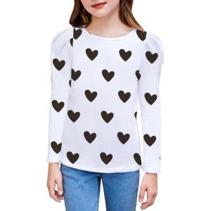 Arshiner Girls Shirts Puff Long Sleeve Shirts Casual Crewneck Tops Tunic Blouse(White Heart)