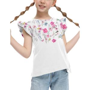 Arshiner Girls Shirts Ruffle Short Sleeve Summer Cute Casual Crewneck Tops Blouse Tee(White Flower)