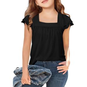 Arshiner Girls Shirts Short Sleeve Square Neck Summer Lace Openwork Pleated Tops Blouse Tunic(Black)