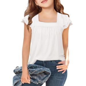 Arshiner Girls Shirts Short Sleeve Square Neck Summer Lace Openwork Pleated Tops Blouse Tunic(White)