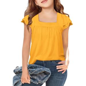 Arshiner Girls Shirts Short Sleeve Square Neck Summer Lace Openwork Pleated Tops Blouse Tunic(Yellow)