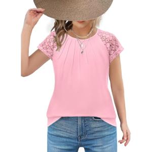 Arshiner Girls Shirts Short Sleeves Lace Pleated Kids Summer Tops Casual Crewneck Blouses Tees(Pink)