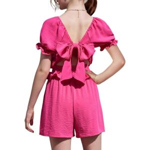 Arshiner Girls Short Set 2 Piece Summer Boho Clothes Tie-Back Puff Sleeve Top and Shorts with Pockets for 5-14 Years(Hot Pink)