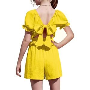 Arshiner Girls Short Set 2 Piece Summer Boho Clothes Tie-Back Puff Sleeve Top and Shorts with Pockets for 5-14 Years(Yellow)