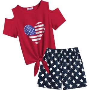 Arshiner Girls Short Sets 2 Pieces Outfits Short Sleeve Tie Knot T-Shirts and Casual Shorts With Pockets Cute Clothes Sets(American Flag)