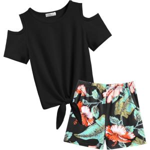 Arshiner Girls Short Sets 2 Pieces Outfits Short Sleeve Tie Knot T-Shirts and Casual Shorts With Pockets Cute Clothes Sets(Black Hawaii Flower)