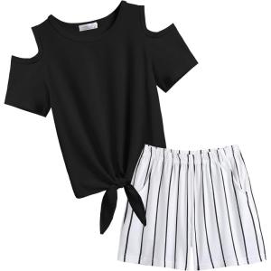 Arshiner Girls Short Sets 2 Pieces Outfits Short Sleeve Tie Knot T-Shirts and Casual Shorts With Pockets Cute Clothes Sets(Black and White)