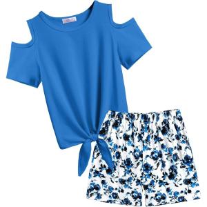 Arshiner Girls Short Sets 2 Pieces Outfits Short Sleeve Tie Knot T-Shirts and Casual Shorts With Pockets Cute Clothes Sets(Blue Floral Print 2)