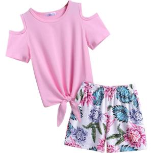 Arshiner Girls Short Sets 2 Pieces Outfits Short Sleeve Tie Knot T-Shirts and Casual Shorts With Pockets Cute Clothes Sets(Pink Floral Print)