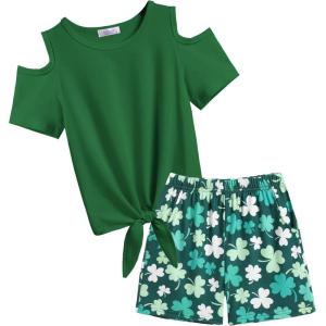 Arshiner Girls Short Sets 2 Pieces Outfits Short Sleeve Tie Knot T-Shirts and Casual Shorts With Pockets Cute Clothes Sets(Shamrock)