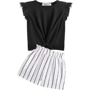 Arshiner Girls Shorts Sets 2 Pieces Outfits Twist Front Ruffle Sleeve T-Shirts and Shorts With Pockets Cute Clothes Sets(Black and White)