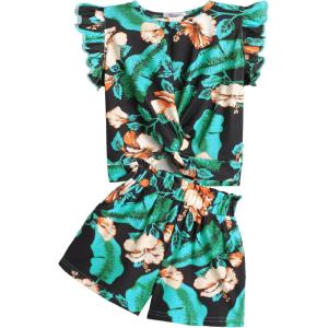 Arshiner Girls Shorts Sets 2 Pieces Outfits Twist Front Ruffle Sleeve T-Shirts and Shorts With Pockets Cute Clothes Sets(Blue Floral)