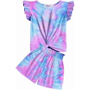 Arshiner Girls Shorts Sets 2 Pieces Outfits Twist Front Ruffle Sleeve T-Shirts and Shorts With Pockets Cute Clothes Sets(Blue Tie Dye)