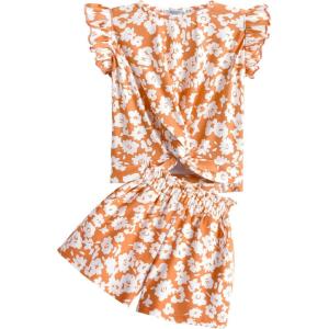 Arshiner Girls Shorts Sets 2 Pieces Outfits Twist Front Ruffle Sleeve T-Shirts and Shorts With Pockets Cute Clothes Sets(Orange Floral Print)