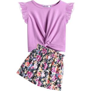 Arshiner Girls Shorts Sets 2 Pieces Outfits Twist Front Ruffle Sleeve T-Shirts and Shorts With Pockets Cute Clothes Sets(Purple)