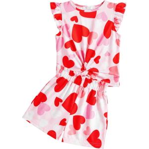 Arshiner Girls Shorts Sets 2 Pieces Outfits Twist Front Ruffle Sleeve T-Shirts and Shorts With Pockets Cute Clothes Sets(Red Heart)