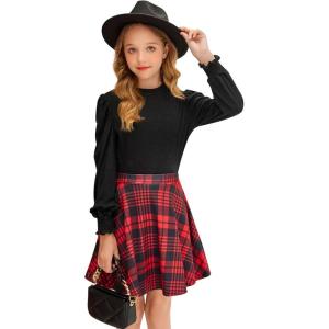 Arshiner Girls Skirt Set Knit Puff Sleeve Turtleneck Sweater Tops and Flared Mini Skirts with Pockets Clothing Sets(Black and Red Plaid)