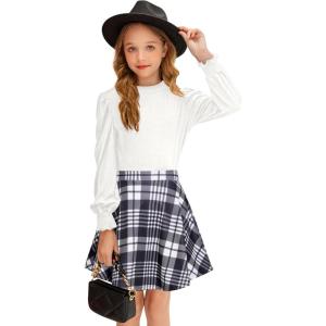 Arshiner Girls Skirt Set Knit Puff Sleeve Turtleneck Sweater Tops and Flared Mini Skirts with Pockets Clothing Sets(White and Plaid 3)