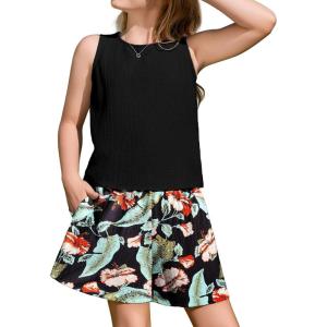 Arshiner Girls Summer 2 Piece Outfit Sleeveless Top and Paperbag Waist Shorts with Pockets Kids Shorts Set Ages 5-13(Green Hawaii)