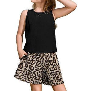 Arshiner Girls Summer 2 Piece Outfit Sleeveless Top and Paperbag Waist Shorts with Pockets Kids Shorts Set Ages 5-13(Leopard)